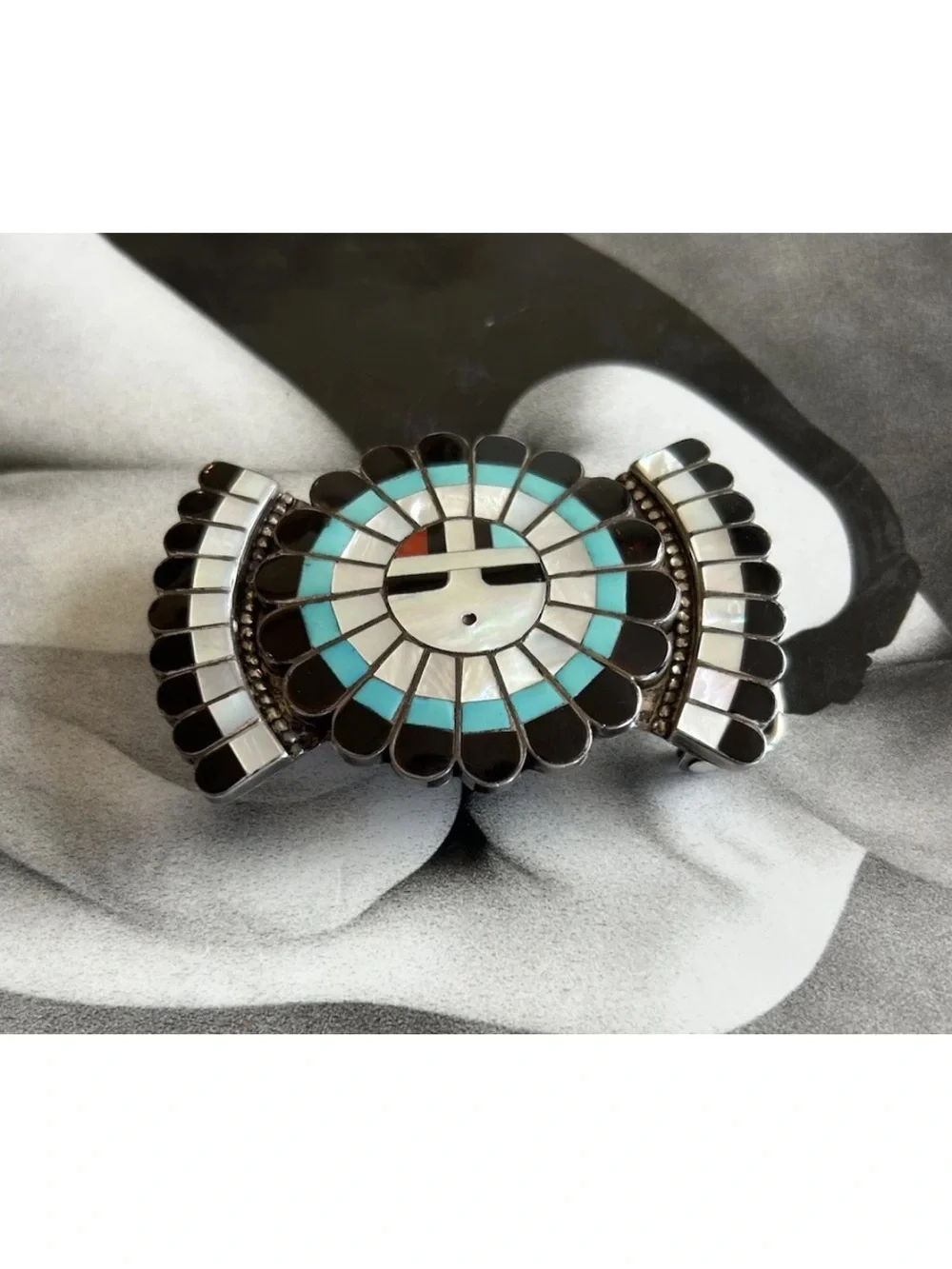 Vintage JD Massie Zuni Sterling Silver Sunface Inlay Belt Buckle Native American
